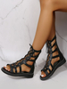 Sandales Gladiateur Femme Style En Route Cuir PU Bout Ouvert Sandales Plates Noir