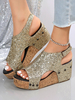 Sandales Gladiateur Femme Style En Route Tissu Pailleté Bout Ouvert Talon Compensé Sandales Doré