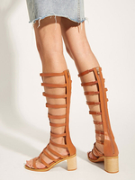 Sandales gladiateur marron café en cuir Synthétique peep toe sandales latérales à talon moyen