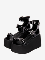 Sandales gothiques Lolita à bout rond en cuir verni supérieur Chaussures dété Lolita noires