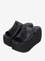 Sandales gothiques Lolita à rivets bout ouvert imprimé floral cuir PU chaussures dété noires Lolita