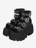 Sandales gothiques Lolita avec œillets bout ouvert cuir PU métallique chaussures dété noires Lolita