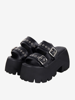 Sandales gothiques Lolita détails en métal noir cuir PU métallisé chaussures dété Lolita à bout ouvert