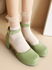 Sandales Lolita douces en cuir PU vert bout rond talon chunky talons lolita dété bride à la cheville