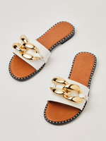 Sandales pantoufles pour femmes; bout carré blanc; talon plat; pantoufles dété décontractées en cuir PU