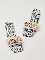 Sandales pantoufles pour femmes motif léopard bout carré talon plat en cuir PU pantoufles dété décontractées