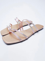 Sandales plates à enfiler avec strass pour femmes Cuir PU Bout rond