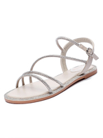 Sandales plates en cuir PU à enfiler avec strass pour femmes; bout rond