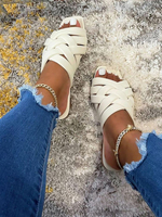 Sandales plates en cuir PU à enfiler pour femmes; bout ouvert