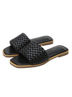 Sandales plates en cuir PU tissé à enfiler pour femmes; bout rond
