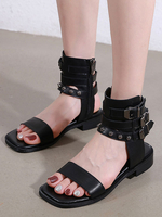 Sandales plates gladiateur noir en cuir Synthétique bout carré Synthétique semelle en caoutchouc sandales plates pour femmes
