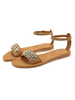 Sandales plates pour femmes boutons décontractés faux cuir hauts bas bride à la cheville sandales plates marron clair