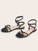 Sandales plates pour femmes Noir PU cuir carré Toe Sandals occasionnels plats respirants