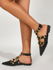 Sandales plates pour femmes Noir PU cuir pointu orteil sandales d\