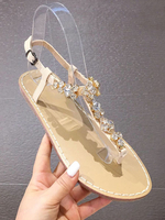 Sandales plates pour femmes strass bout rond en cuir PU talons décontractés en T