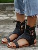 Sandales pour femmes découpées à lacets en cuir PU; sandales plates noires décontractées