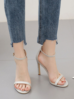 Sandales pour femmes Peep Toe Talon aiguille Chic Argent paillettes tissu cheville sangles sandales