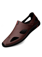 Sandales pour hommes à enfiler en cuir de vachette semelle en caoutchouc marron café sandales plates