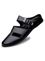 Sandales Pour Hommes Slip-On En Cuir De Vachette Semelle En Caoutchouc Sandales Plates Noires