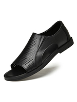 Sandales pour hommes Slip-On en cuir de vachette semelle en caoutchouc sandales plates noires