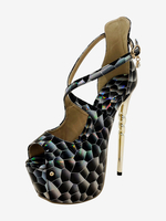 Sandales sexy à talons hauts en cuir PU noir bout ouvert détails métalliques de 2 pouces chaussures sexy de 55 pouces