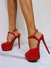 Sandales sexy à talons hauts en PU verni rouge bout ouvert sexy à talons hauts avec bride à la cheville