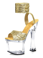 Sandales sexy à talons hauts pour femmes en tissu à paillettes jaunes; talons ouverts à bride à la cheville