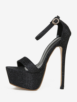 Sandales Sexy Chaussures Femmes En Cuir Pu Noir Bout Rond Chaussures Sexy Hautes