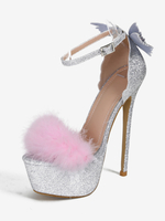 Sandales Sexy Femmes En Cuir Pu Rose Bout Ouvert Fausse Fourrure Strass Papillon