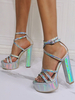 Sandales sexy pour femme argent verni PU haut bout ouvert talon épais ciel talons hauts à lacets