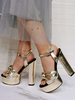 Sandales sexy pour femme en cuir PU or clair à bout ouvert sandales à talons épais