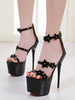 Sandales Sexy Pour Femme En Cuir Verni Noir Bout Ouvert 2.4 "Fleurs 6.7" Chaussures Sexy