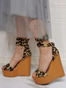 Sandales sexy pour femme léopard en micro suède bout ouvert à lacets sandales à talons compensés