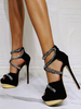 Sandales sexy pour femme noir micro daim supérieur peep toe talon aiguille bride à la cheville sandales à talon