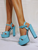 Sandales sexy pour femmes bleu ciel clair en cuir PU à bout ouvert sandales à talons épais