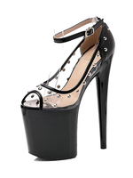 Sandales sexy pour femmes en PVC noir supérieur Peep Toe talon conique ciel talon haut bride à la cheville talons