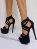 Sandales sexy pour femmes noires en micro daim à bout ouvert et talons aiguilles