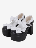 Sandales Sweet Lolita avec nœuds à bout rond en cuir PU chaussures dété noires Lolita