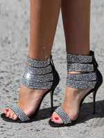 Sandales Talon Haut 2021 Noir Bout Ouvert Strass Talon Aiguille Bride à la Cheville Chausssures Femmes