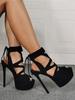 Sandales Talons Hautes Sexy avec Plateforme Femmes à Lacets Croisés avec Franges à Cuir Synthétique en Crôute Unicolore avec Bout Ouvert Etés Talons Hautes Aiguilles