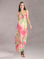 Sangles bleu beau cou Floral en mousseline de soie robe de femme Maxi