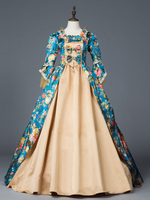 Sarcelle Costumes Rétro Femmes Imprimé Floral Arc Volant Satin Mat Ensemble Marie Antoinette Costume Rococo Robe Déguisements Halloween