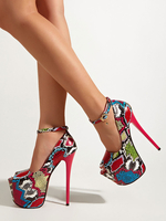 Sely talons hauts snake print stiletto talon cuir cuir peep toe orteil rouge corail