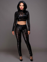 Sexy Deux pièces ensemble manches longues Paillettes Glitter Crewneck Club ensembles pour les femmes