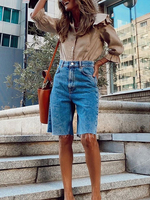 Short en Denim Femme Mi-long Moulant Coupe Cintrée avec Bouton à Zip Unicolore Short Sexy Eté
