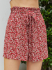Short rouge pour femme plissé imprimé floral à lacets en polyester