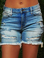 Shorts en Denim Déchiré Femme Courts Coupe Cintrée à Zip avec Poches Unicolore