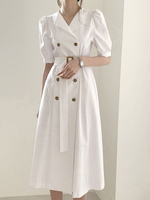 Skater robes à manches courtes col Turndown Double sein Sash Robe évasée
