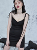 Slipdress gothique noir bretelles cou robe courte moulante en polyester sans manches