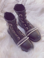 Steampunk Lolita Bottes Perles Bout Rond Talon Plat Faux Cuir Noir Chaussures Lolita